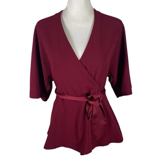Trina Turk Wrap Top Womens Size 4 Maroon Tie Waist Long Sleeve V Neck Back Zip - Picture 1 of 15